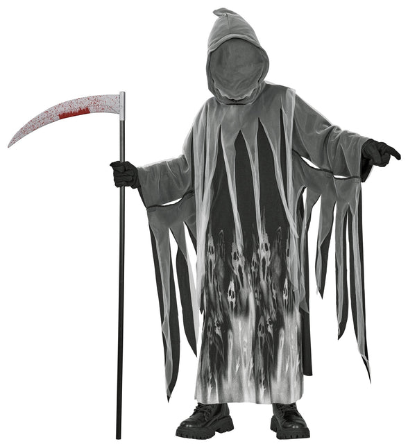 Verlaten ziel kostuum jongens, grijs gewaad met gezichtsloze capuchon en spookprint voor Halloween