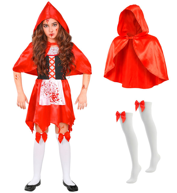 Zombie capelet jurk meisjes met losse rode capelet met capuchon en witte kousen met rode strik