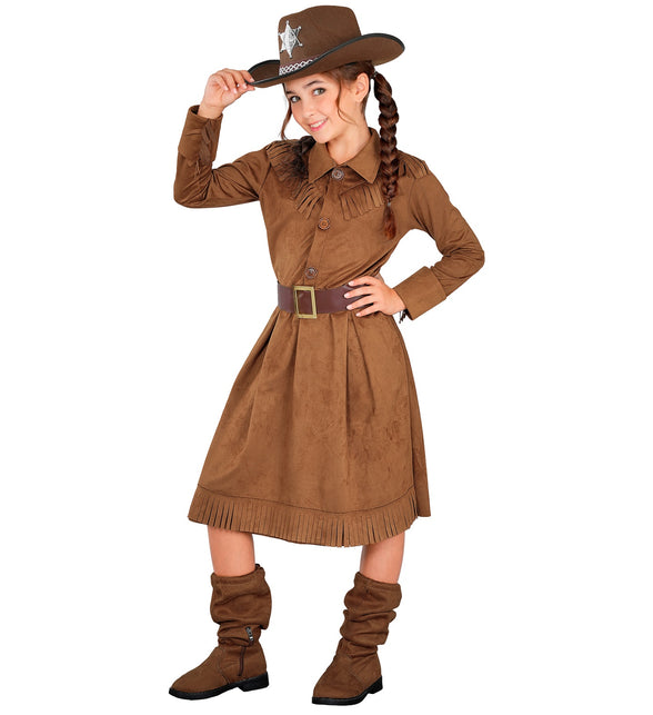 Cowgirl jurk meisjes in bruine suèdelook met franjes en riem, vooraanzicht