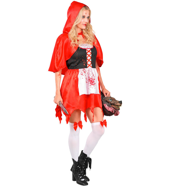 Zombie rode capelet jurk dames zijaanzicht met gekartelde zoom en rode capuchon