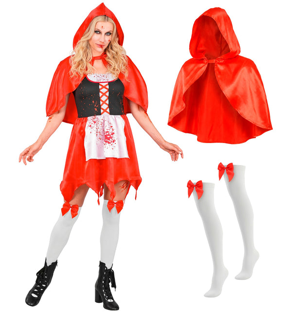 Zombie rode capelet jurk dames met losse capelet met capuchon en witte kousen met rode strik