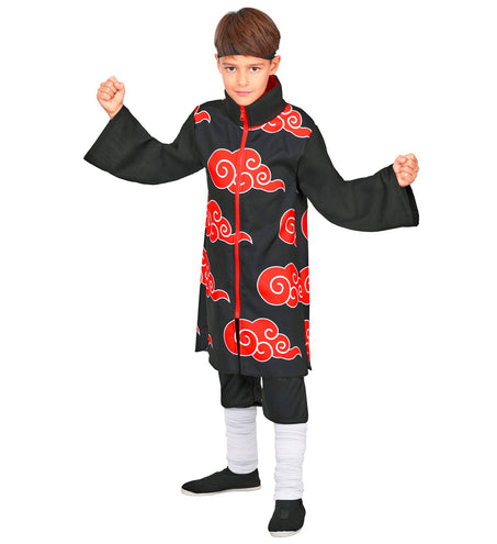 Ninja tuniek jongens in zwart met rode wolkenprint en rode rits, knielang model