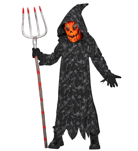 Pompoen magere hein gewaad jongens, zwart gewaad met punthoed en oranje pompoenmasker voor Halloween