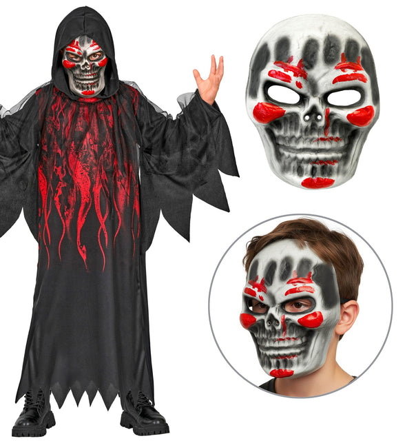 Skeletmasker met rode vegen uit het magere hein gewaad, los en op het gezicht gedragen