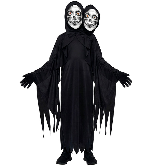 Tweekoppig magere hein gewaad jongens, zwart met twee capuchons en skeletmaskers voor Halloween