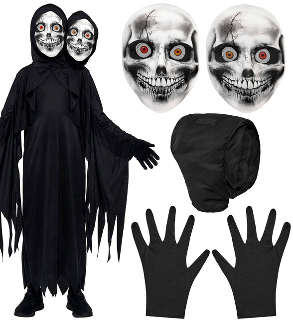 Zwart magere hein gewaad met twee skeletmaskers, losse capuchon en zwarte handschoenen