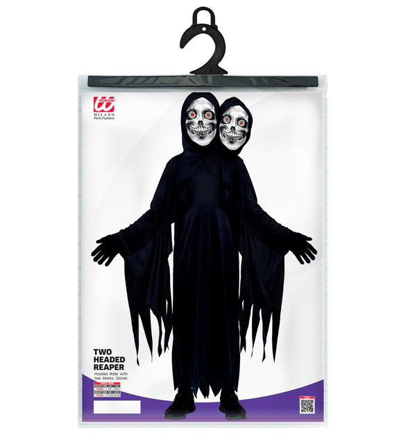 Verpakking van het tweekoppige magere hein kinderkostuum met maatoverzicht 128 tot 164 cm