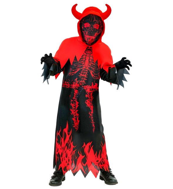 Brandend duivel magere hein tuniek jongens, zwart met rode vlammen en skeletprint, Halloween