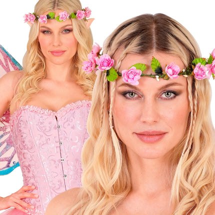 Tiara bloemen roze achterkant – kleding accessoires