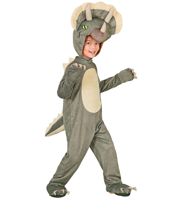 Triceratops jumpsuit zijaanzicht met stekelrij op rug en reptielprint