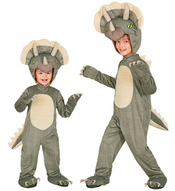 Triceratops jumpsuit jongens in grijsgroen met beige buik, staart en kap met hoorns voor verkleedfeest