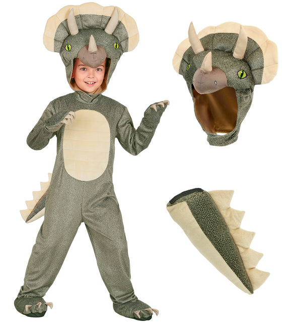 Triceratops dinokostuum met losse kap met nekschild en gevulde staart met beige stekels