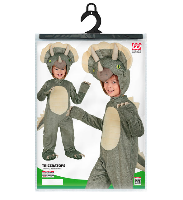 Triceratops jumpsuit kinderen op verpakking met kindermaten 110, 128 en 140 cm