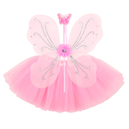 Roze fee tutu set achterkant, vleugels en toverstaf meisje