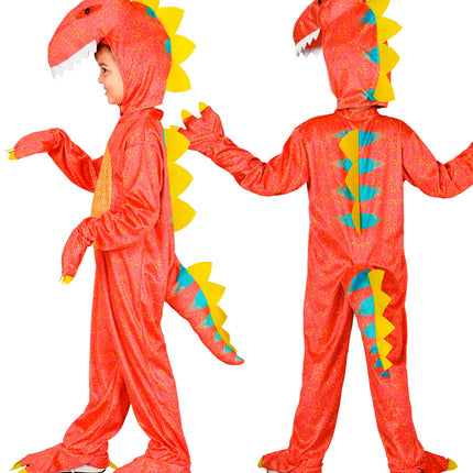Dinosaurus jumpsuit jongens zij- en achteraanzicht met gele stekels over rug en staart