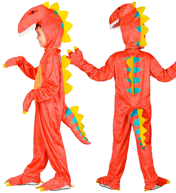 Dinosaurus jumpsuit jongens zij- en achteraanzicht met gele stekels over rug en staart