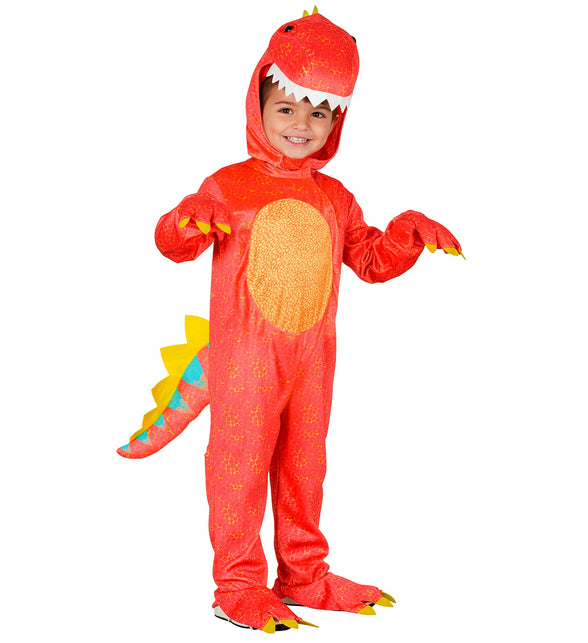 Dinosaurus jumpsuit voor jongens vooraanzicht met klauwhandschoenen en oranje buikpaneel