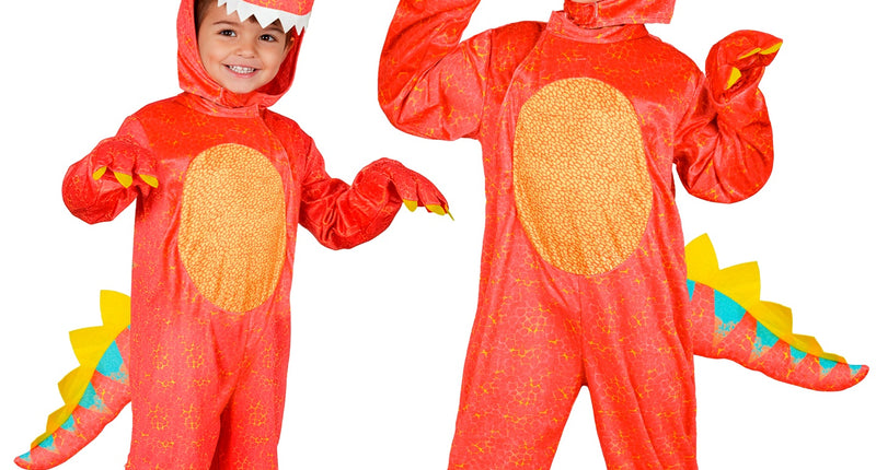 Dinosaurus jumpsuit voor jongens in rood met oranje buik, gele rugkam en dinokapmasker