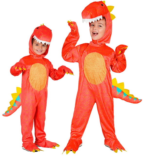 Dinosaurus jumpsuit voor jongens in rood met oranje buik, gele rugkam en dinokapmasker