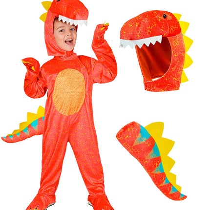 Dinosaurus jumpsuit jongens met los kapmasker met witte tanden en staart met gele stekels