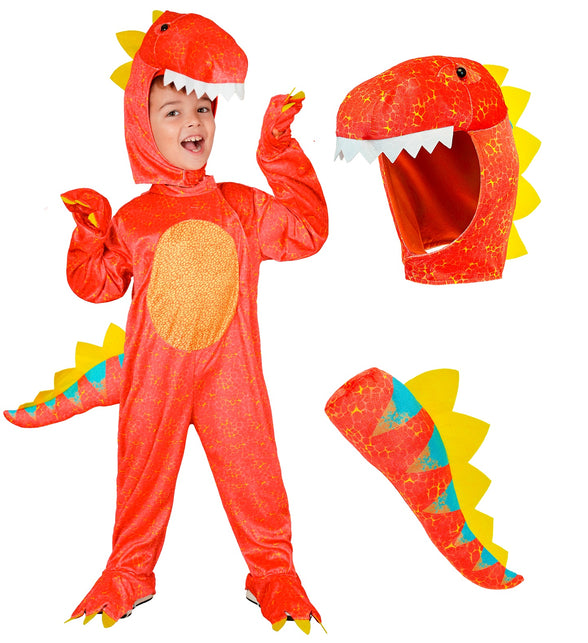 Dinosaurus jumpsuit jongens met los kapmasker met witte tanden en staart met gele stekels
