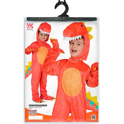 Verpakking van de dinosaurus jumpsuit voor jongens met maten 110, 128 en 140 cm