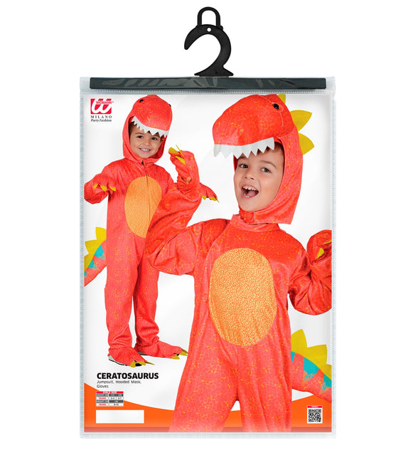 Verpakking van de dinosaurus jumpsuit voor jongens met maten 110, 128 en 140 cm