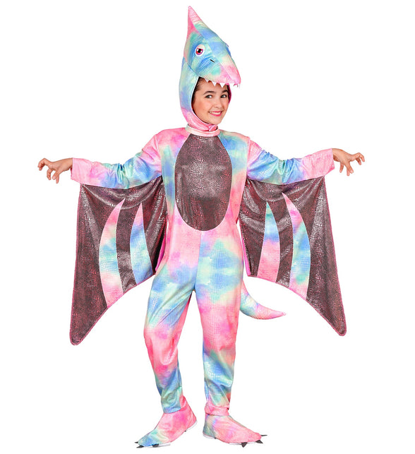Pterodactyl jumpsuit meisjes vooraanzicht met bruine vleugelpanelen en roze buikstuk