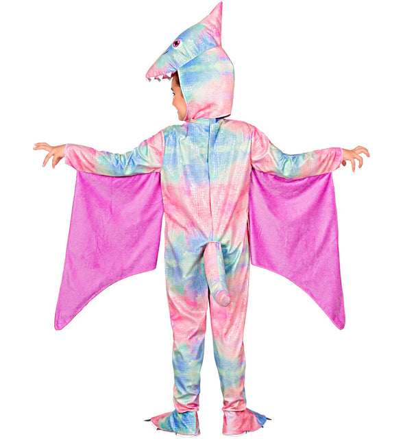 Achterzijde pterodactyl jumpsuit meisjes met roze vleugels en gebogen staart op de rug