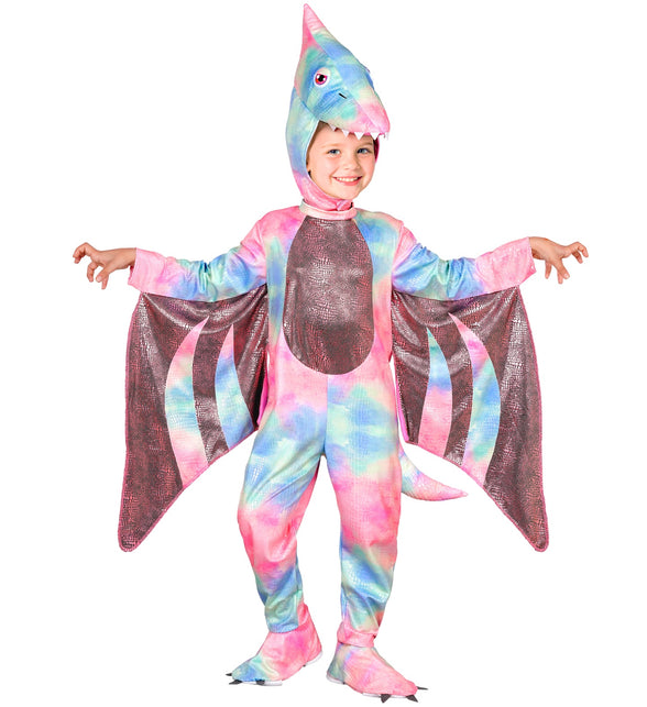 Pastelkleurige dino jumpsuit voor meisjes met gespreide vleugels en glanzende reptielenprint