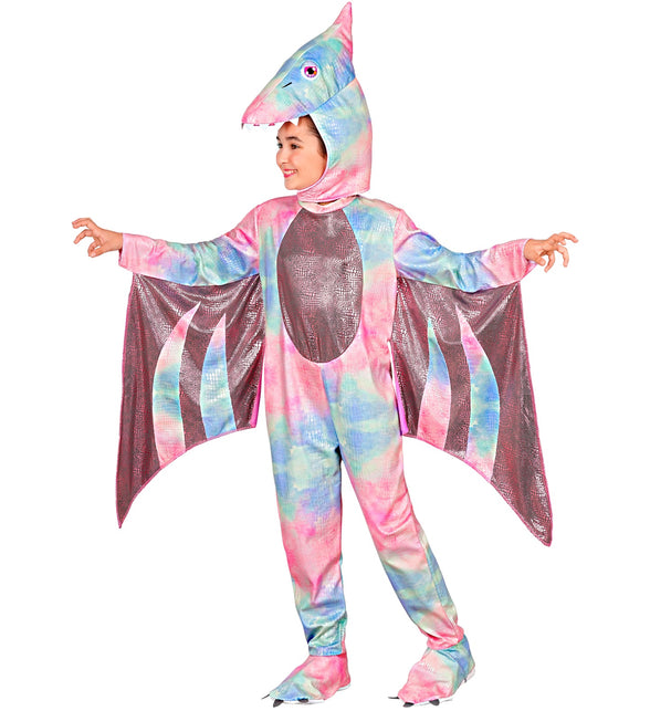 Pterodactyl jumpsuit voor meisjes zijaanzicht met puntige kopkam en voetovertrekken