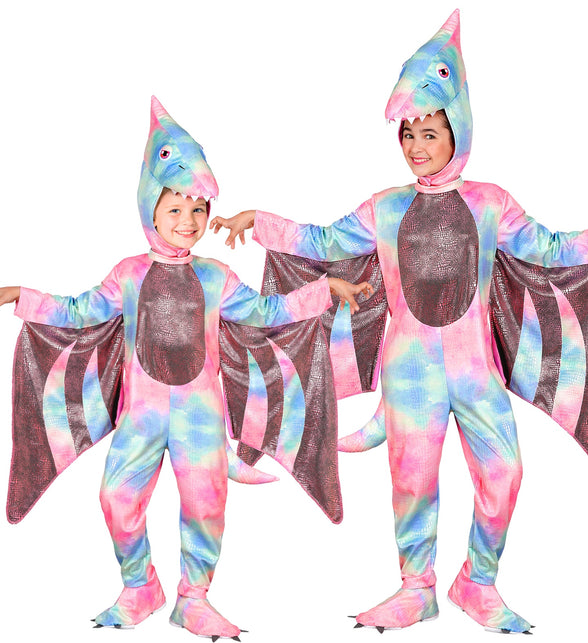 Pterodactyl jumpsuit voor meisjes in pastel met vleugels en dinokap, gedragen door twee kinderen