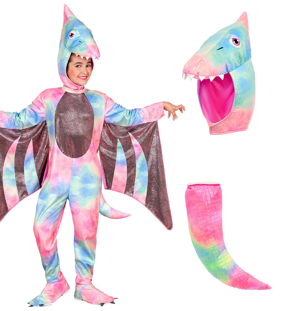Pterodactyl jumpsuit meisjes met losse kap met dinokop en pastelkleurige staart erbij