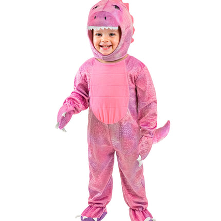 Dinosaurus roze jumpsuit vooraanzicht met schubbenprint, lichtroze buikpand en klauwen