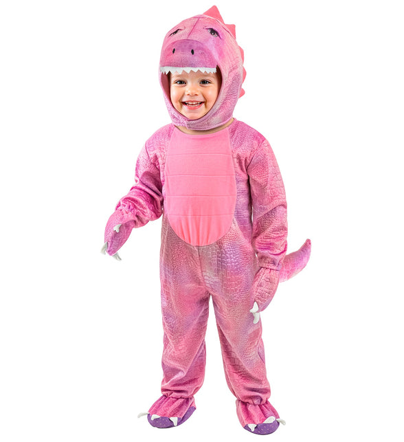 Dinosaurus roze jumpsuit vooraanzicht met schubbenprint, lichtroze buikpand en klauwen