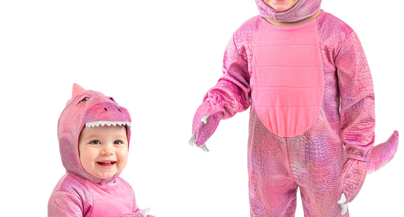 Dinosaurus roze jumpsuit voor meisjes met dinokap en staart, gedragen door baby en peuter