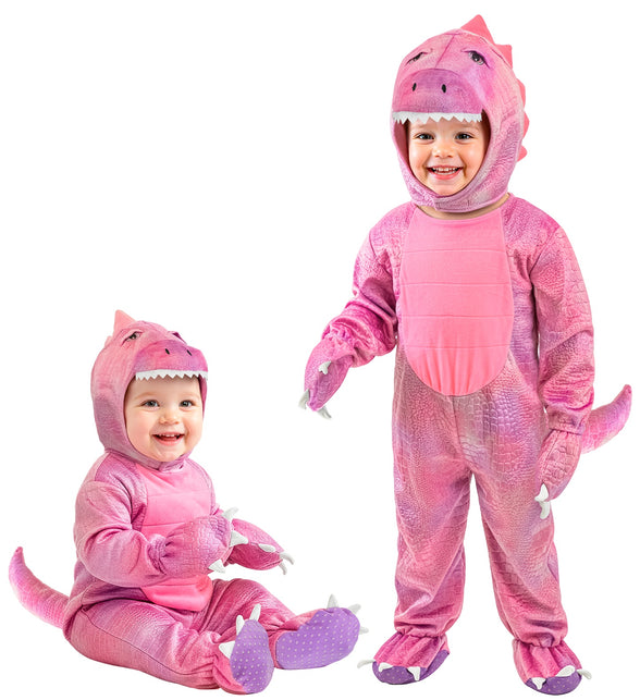 Dinosaurus roze jumpsuit voor meisjes met dinokap en staart, gedragen door baby en peuter