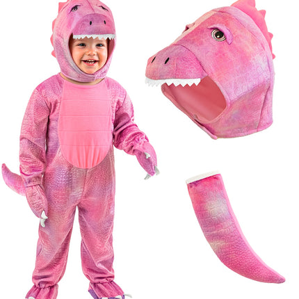 Roze dinojumpsuit meisjes met losse weergave van dinokap met witte tanden en gevulde staart