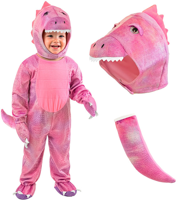 Roze dinojumpsuit meisjes met losse weergave van dinokap met witte tanden en gevulde staart