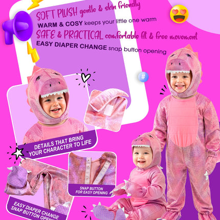 Detailbeeld roze dinojumpsuit met drukknoopsluiting bij het kruis en zachte pluchachtige stof