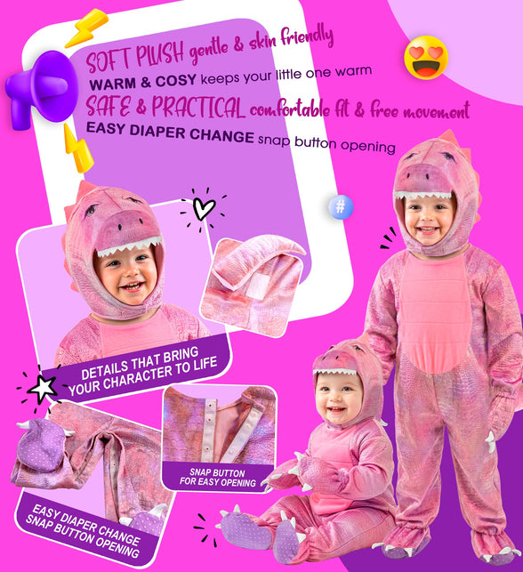 Detailbeeld roze dinojumpsuit met drukknoopsluiting bij het kruis en zachte pluchachtige stof