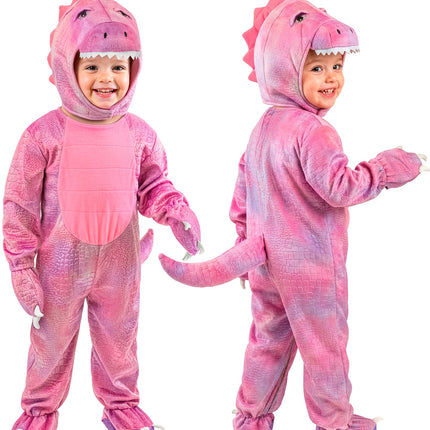 Roze dinosaurus jumpsuit voor- en achterkant met rugkam en lange staart voor een verkleedfeest