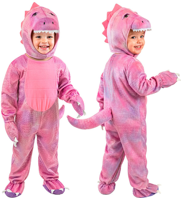 Roze dinosaurus jumpsuit voor- en achterkant met rugkam en lange staart voor een verkleedfeest