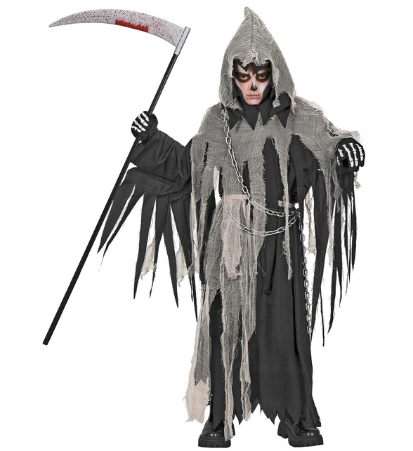Geketend magere hein gewaad jongens, zwart gewaad met grijze gaaskap en ketting voor Halloween