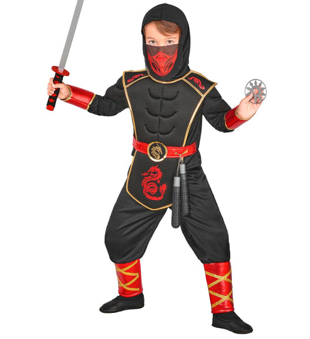 Ninja kostuum jongens vanaf de zijkant met rode manchetten en gouden drakengesp