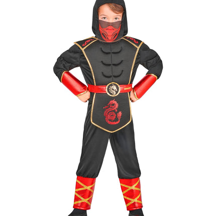 Ninja kostuum jongens zwart met rode draak, capuchon en gezichtsmasker voor verkleedfeest