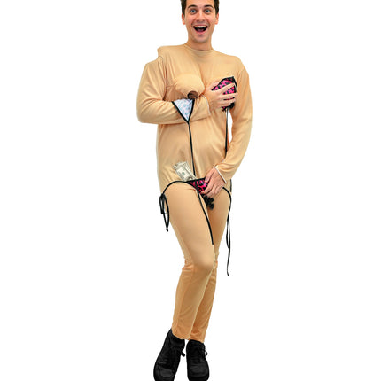Stripper jumpsuit heren met opgestikte borstvorm en roze luipaardbikini, grappig feestpak