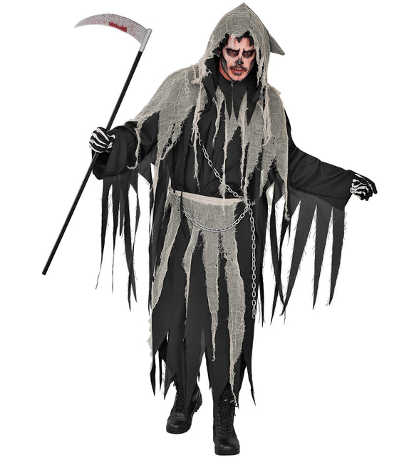 Geketend magere hein gewaad heren, zwart met grijs gaas, capuchon en ketting voor Halloween