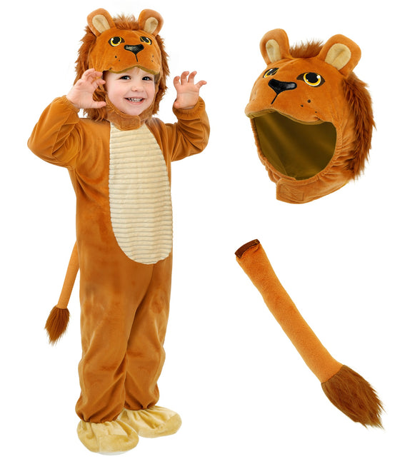 Leeuw jumpsuit jongens met losse leeuwenkap en aparte staart met pluizige pluim