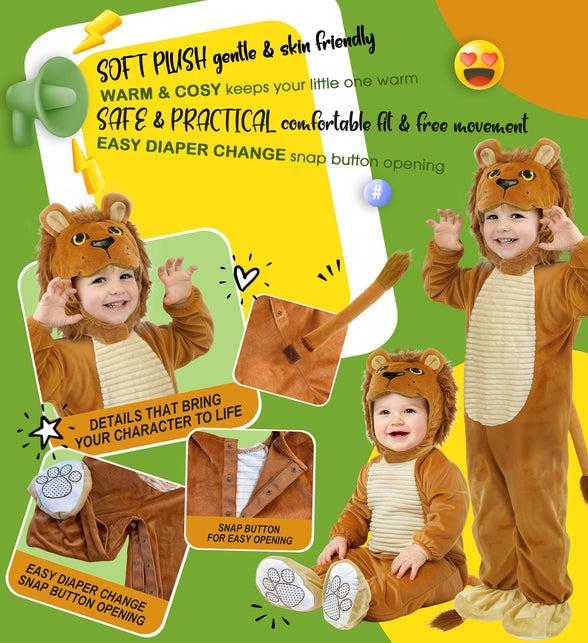 Detailbeelden leeuw jumpsuit jongens: drukknoopsluiting, staartbevestiging en zachte plusje stof